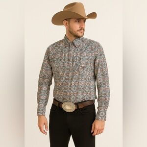 Long Sleeve Men L Western Cowboy Shirt Brown Blue Aztec Button Down 100%Cotton